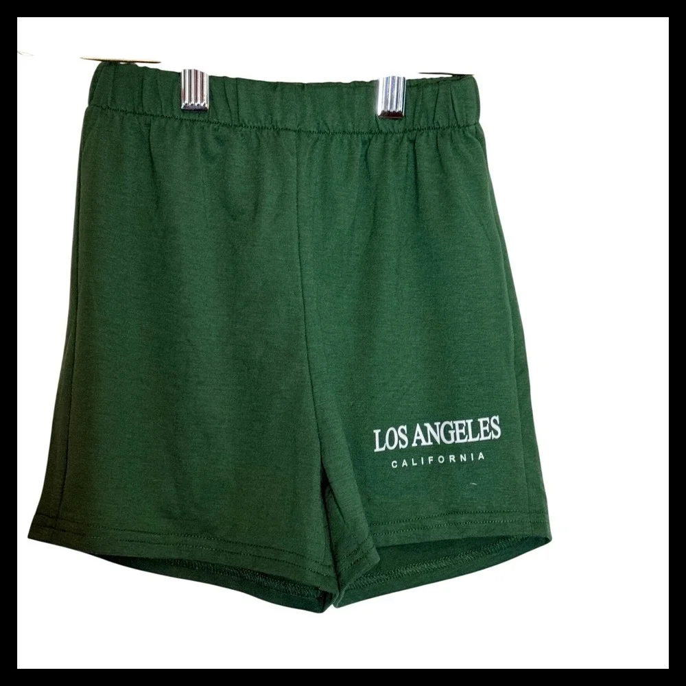 NWOT SHEIN 6Y Los Angeles California 3 Piece Set Green Shirt Shorts Bucket Hat